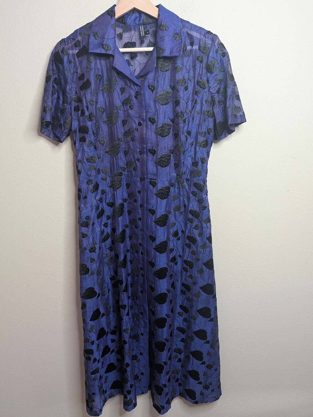 Marianne Kooimans 2 Silk Embroidered‎ Leaf Midi Dress Button Front Blue Black